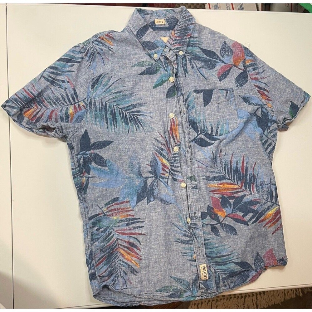 Hollister Men's Blue Linen Short Sleeve Button Down Tropical Print Shirt